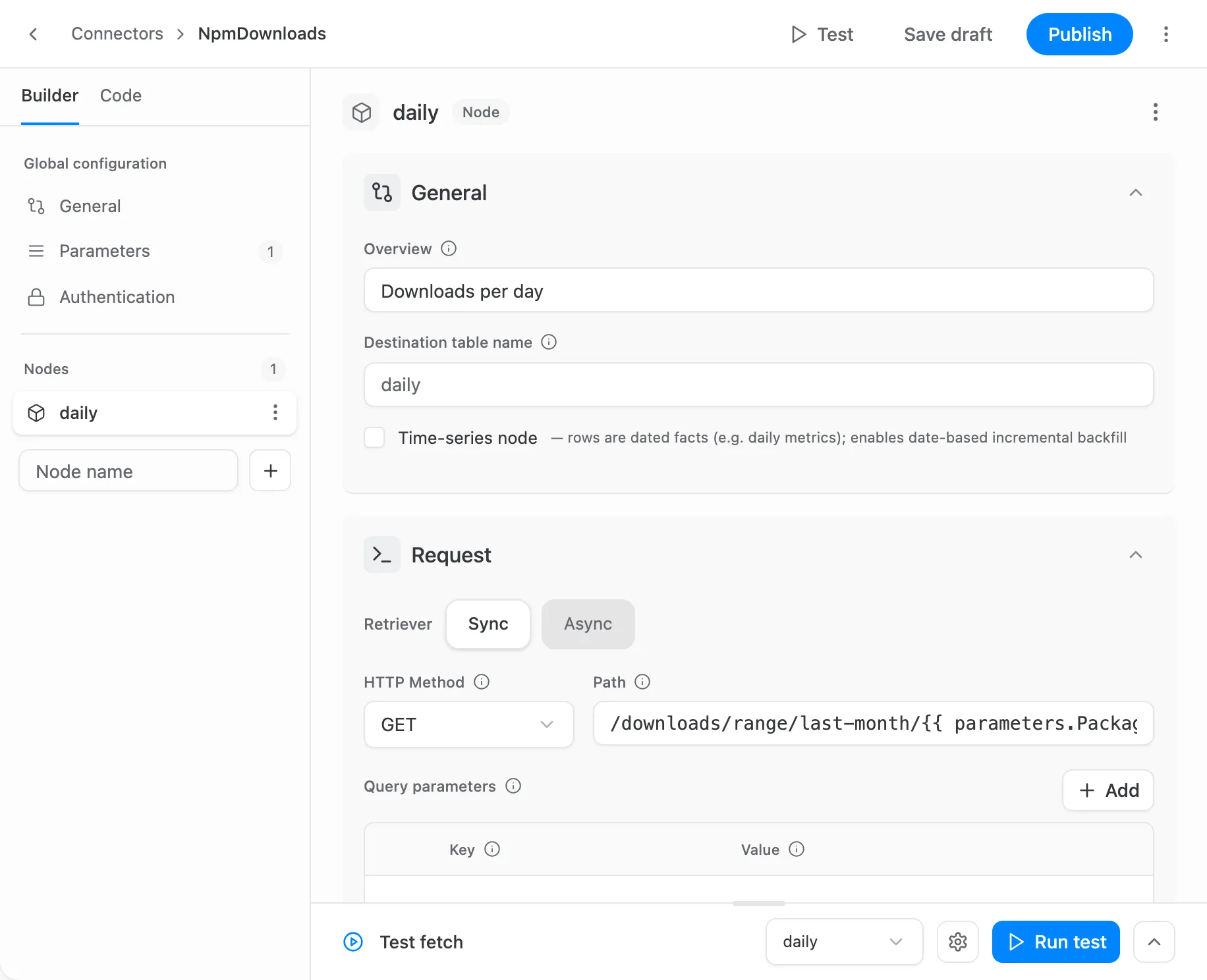 The daily node open in the builder: its General settings and a GET request to /downloads/range/last-month/ with the Package parameter
