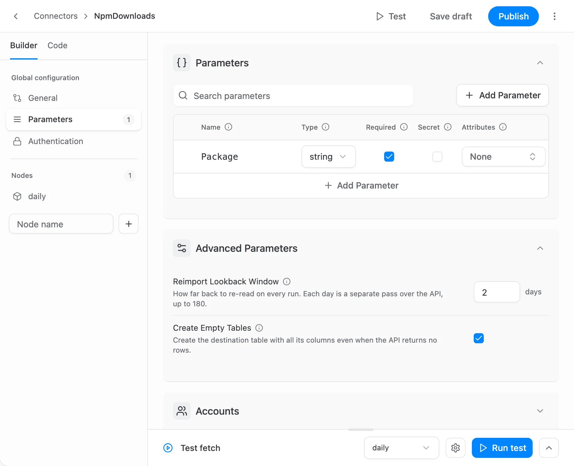 The Parameters pane with a required Package parameter, and the Advanced Parameters card below it