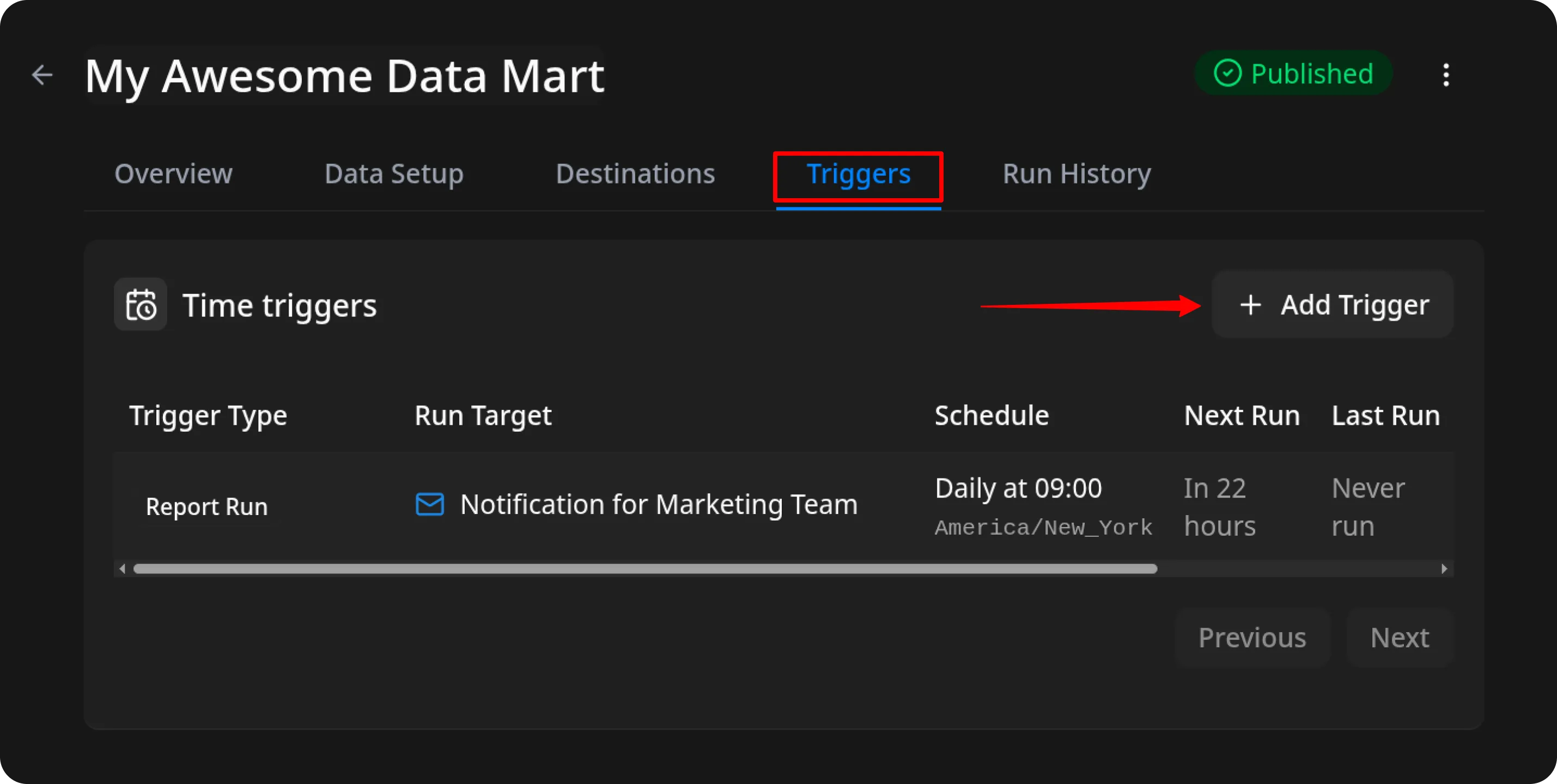 OWOX Data Marts interface showing the Triggers tab selected with a red border at the top navigation. The page displays a Time triggers section with a calendar icon and a red arrow pointing to the Add Trigger button with a plus icon on the right. Below is a table with columns for Trigger Type, Run Target, Schedule, Next Run, and Last Run. One row shows Report Run type linked to Notification for Marketing Team, scheduled Daily at 09:00 America/New_York timezone, with Next Run in 22 hours and Last Run showing Never run. Navigation buttons Previous and Next appear at the bottom
