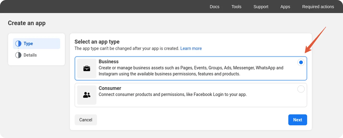 Facebook Business app type