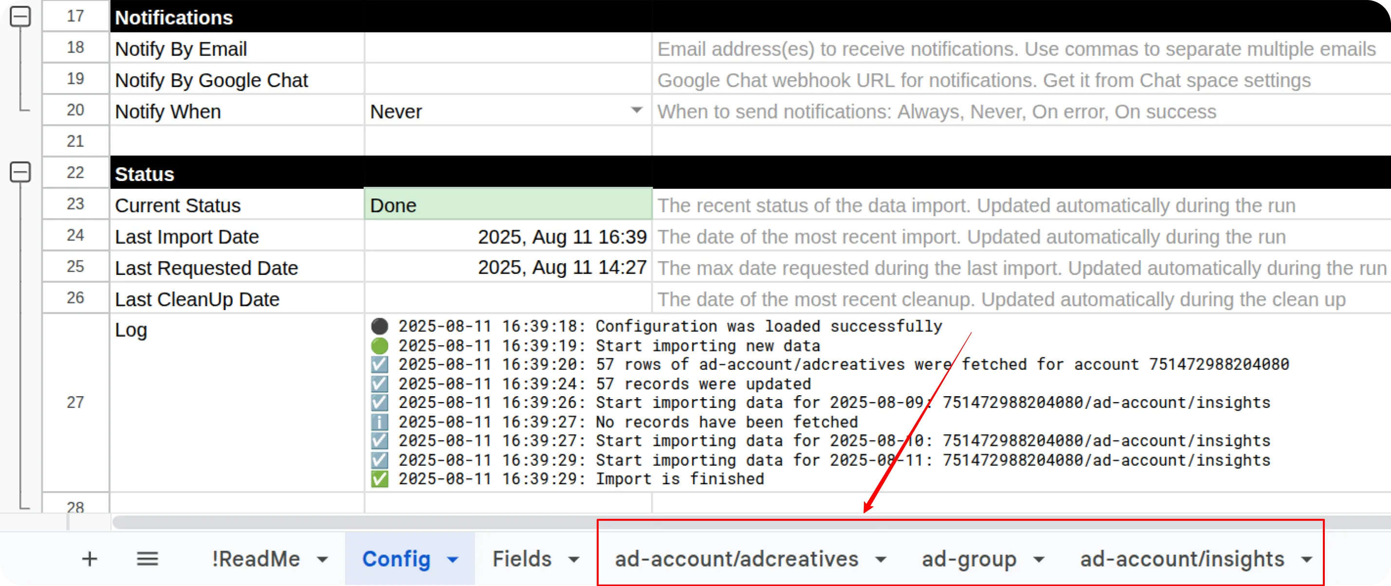Facebook Import Success Sheets