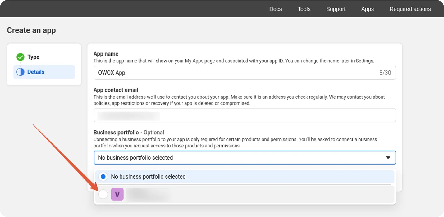 Facebook Business portfolio option