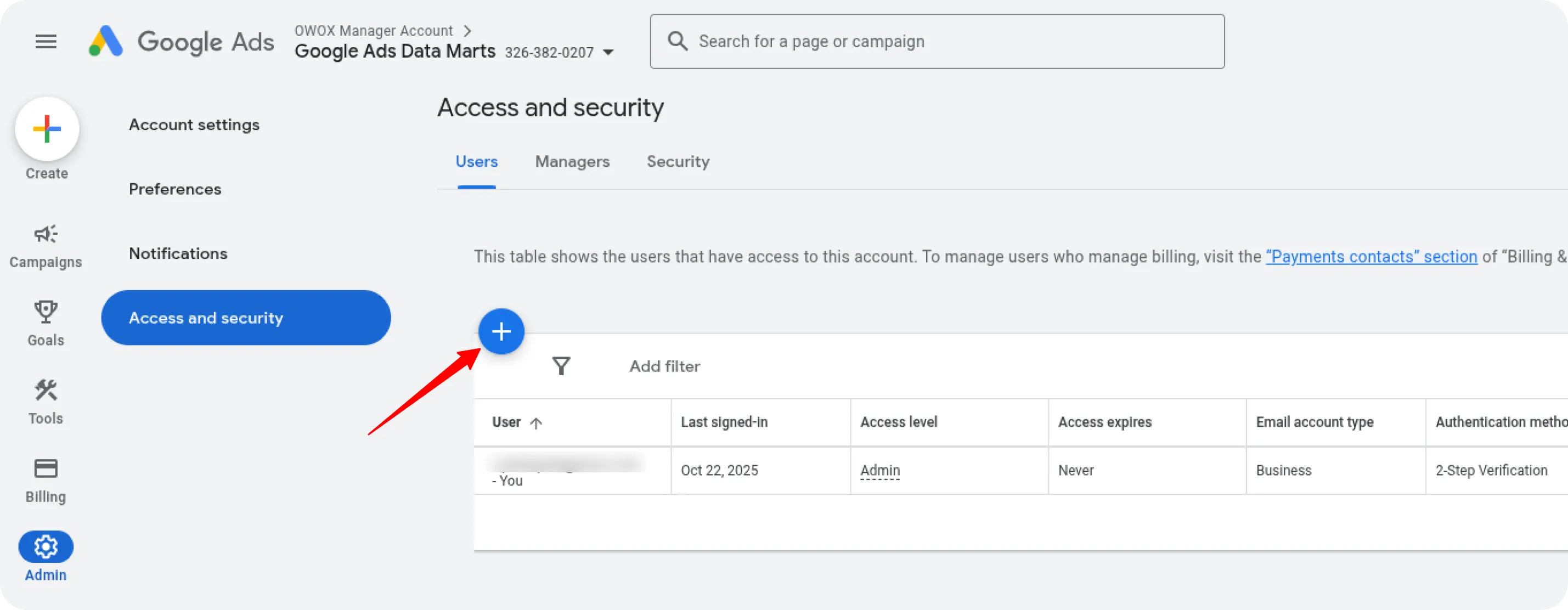 Google Ads Add service account email
