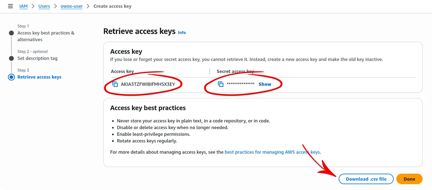 AWS IAM Access keys retrieval page displaying the newly created access key credentials, showing the Access Key ID and Secret Access Key fields with copy icons. The page indicates this is Step 3 of the access key creation process with options to view, download, or manage the credentials in a secure manner.