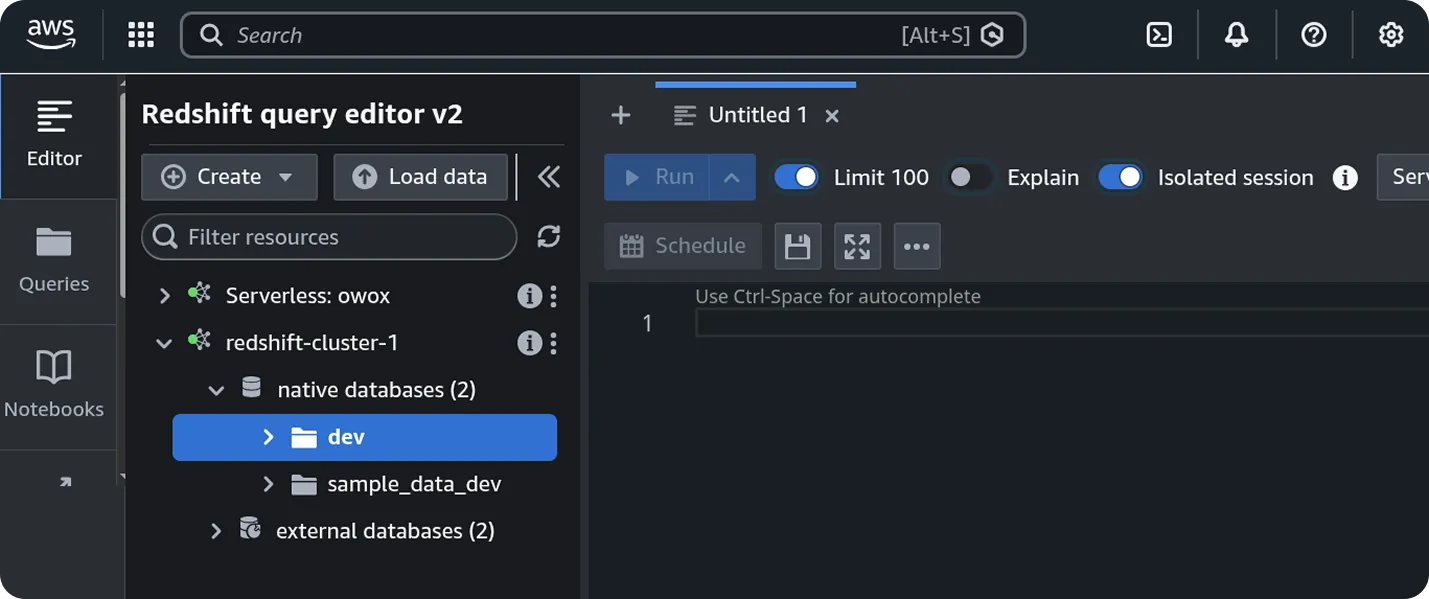 AWS Redshift Query Editor v2 interface displaying the database selection panel on the left sidebar. The panel shows a hierarchical structure with Serverless: owox and redshift-cluster-1 deployments, followed by a native databases section containing the dev database highlighted in blue and sample_data_dev database below it. External databases section is collapsed at the bottom. The main editor area on the right shows an empty query window with Run, Limit 100, Explain, and Isolated session options visible.