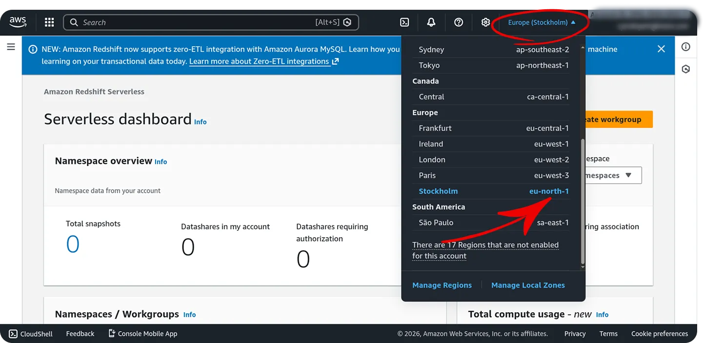 AWS Redshift Serverless dashboard showing the region selector dropdown menu open in the top right corner. The dropdown displays available regions organized by geographic location including Europe (Stockholm, Frankfurt, Ireland, London, Paris), Asia Pacific (Sydney, Tokyo, ap-southeast-2, ap-northeast-1), Canada (Central, ca-central-1), and South America (São Paulo, sa-east-1) with Europe (Stockholm) currently selected and highlighted with a red circle and arrow indicating the region selection location.