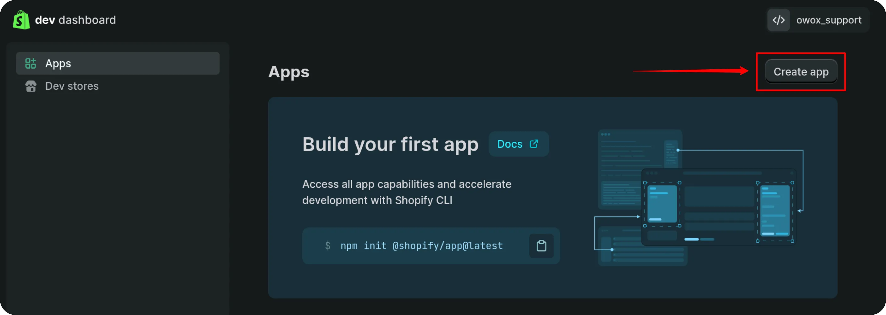 Shopify developer dashboard with the Apps section highlighted in the left sidebar. The main area welcomes the user Victoria with the text Welcome back Victoria and displays a button labeled Create store. Below, a store named owox_support with the address owox-support.myshopify.com is listed. The environment has a calm, professional tone with a blue and purple gradient background.