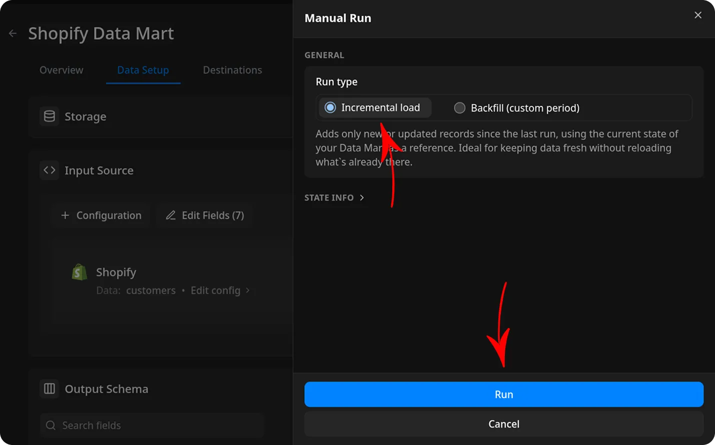 Manual Run dialog in Shopify Data Mart showing Incremental load selected as the run type. The description reads: Adds only new or updated records since the last run, using the current state of your Data Mart as a reference. Ideal for keeping data fresh without reloading what is already there. A blue Run button is highlighted at the bottom of the modal. The wider environment is a dark-themed application interface with navigation tabs for Overview, Data Setup, and Destinations. The emotional tone is neutral and instructional.