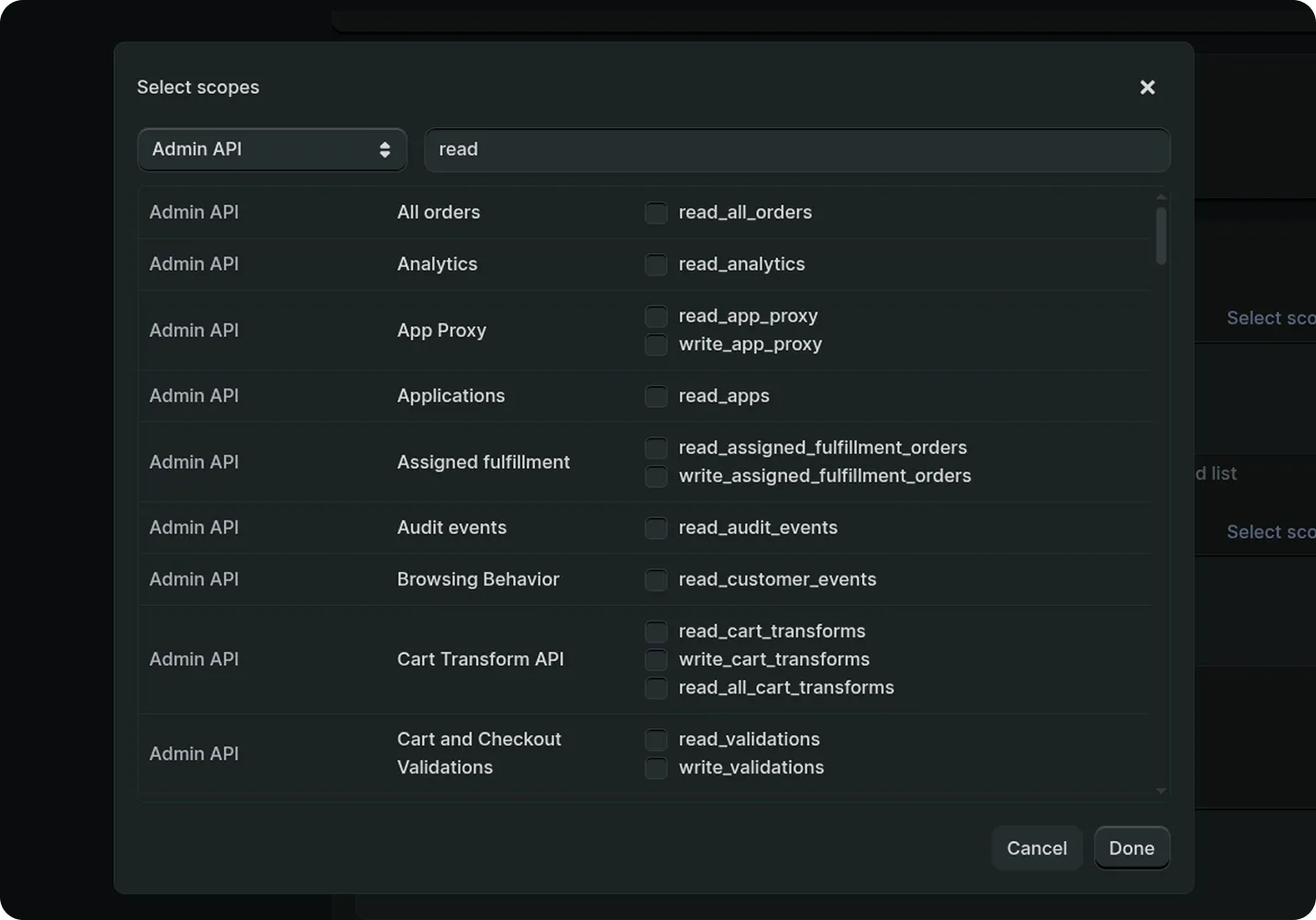 Select scopes dialog for Admin API in Shopify developer dashboard. Dialog includes a dropdown to choose API, a search box with the word read entered, and a list of available scopes with checkboxes, none selected. The interface uses a dark theme with a calm, professional tone.