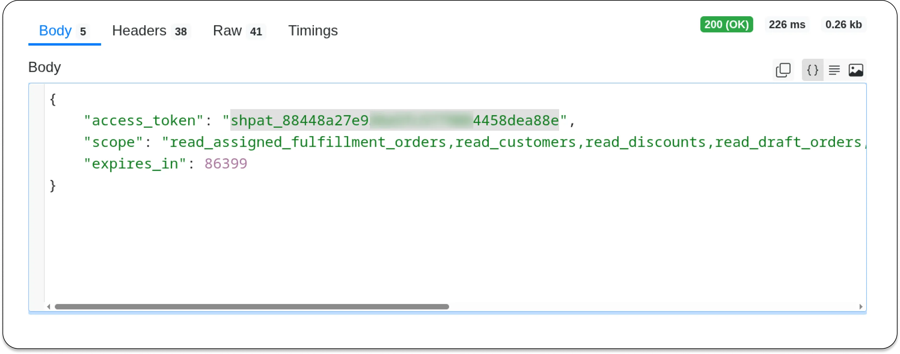 ReqBin response panel showing a successful JSON response with an access_token field containing the token value shpat_... and scope field listing the granted permissions. The HTTP status is 200 OK. The interface has a clean, developer-focused look.