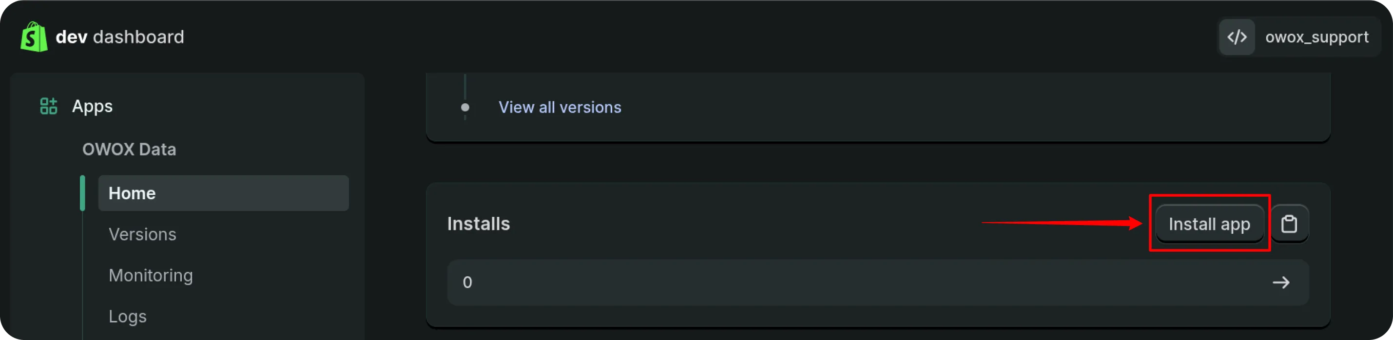 Shopify developer dashboard Home page with Installs section in the main area. A red arrow points to the Install app button, which is outlined in red. The interface uses a dark theme with a calm, professional tone.