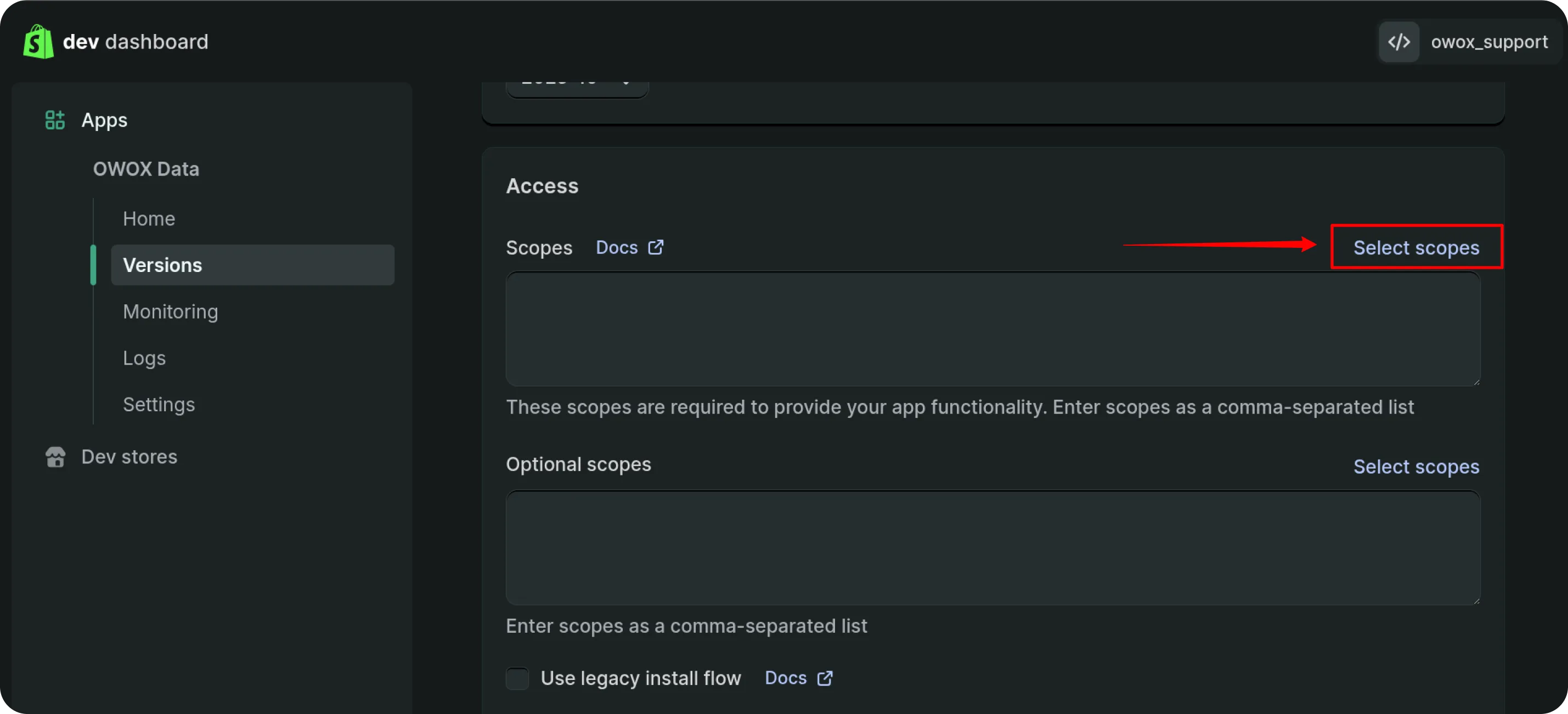 Shopify developer dashboard with Versions section selected in the left sidebar under OWOX Data. The main area displays Access section with fields for required and optional scopes. A red arrow points to the Select scopes button on the right. The interface uses a dark theme with a calm, professional tone.