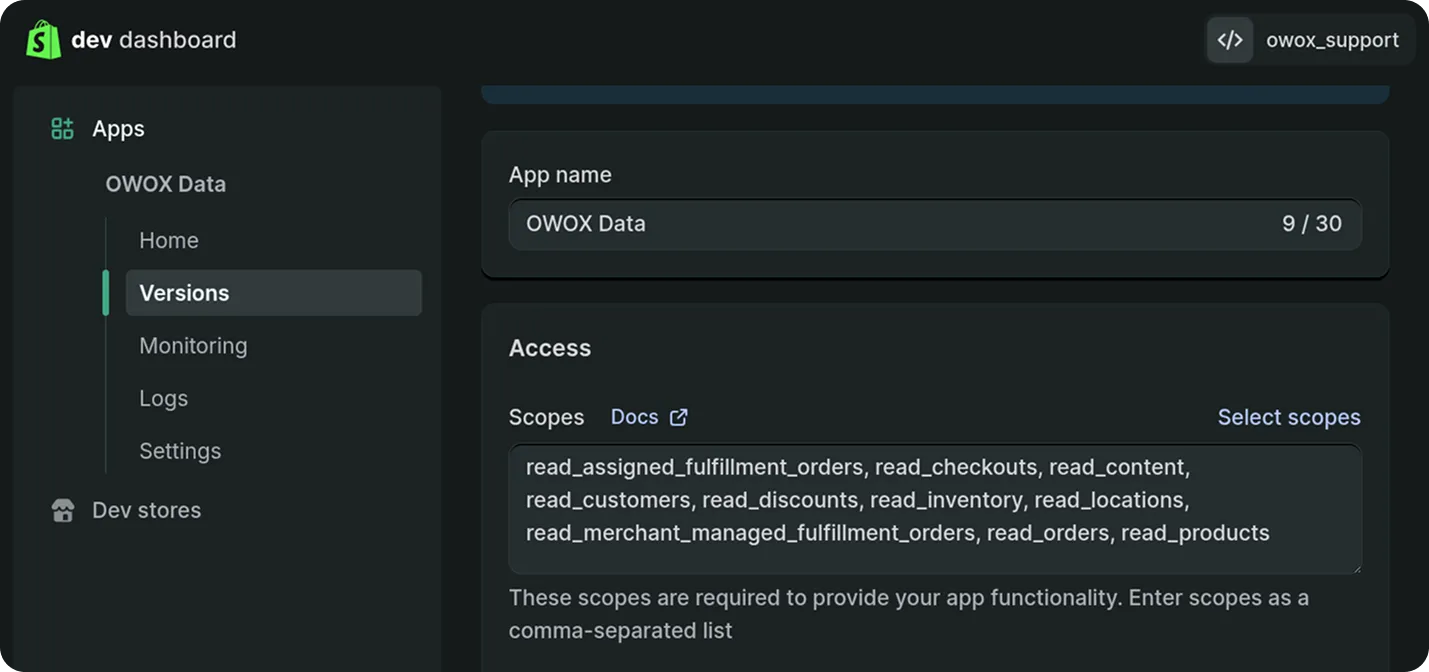 Shopify developer dashboard showing Access section for an app version. The main content area displays a text box filled with required scopes and an empty field for optional scopes. Checkbox labeled Use legacy install flow is visible. Interface uses a dark theme with a calm, professional tone.
