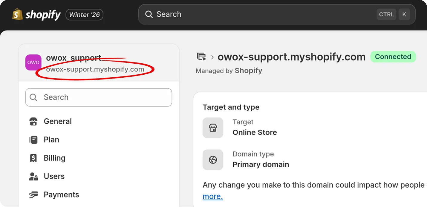 Shopify Admin dashboard showing the store domain owox-support.myshopify.com circled in red. The left sidebar displays navigation options. The main panel shows the domain details. The interface uses a light theme with clear navigation and search bar at the top. The emotional tone is neutral and instructional.