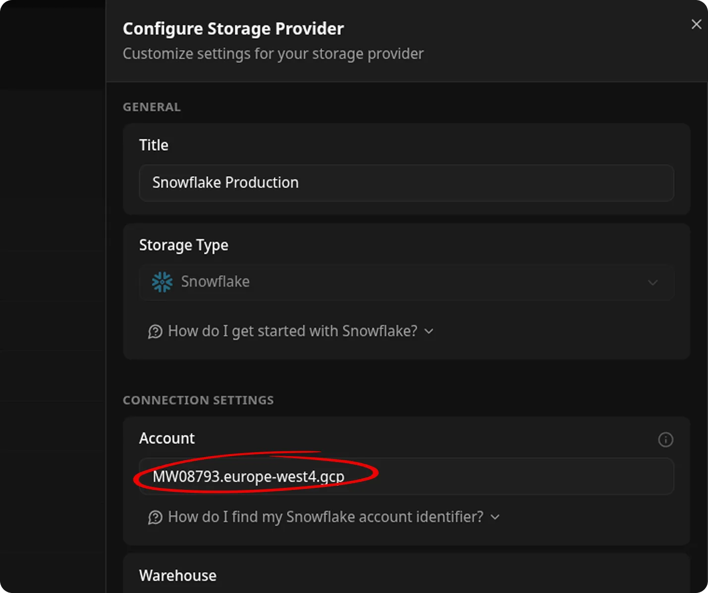 Snowflake Account Details dialog with the Account locator field filled in, showing a sample account identifier. The dialog displays account information such as account identifier in a clean, businesslike interface. Sidebar navigation is visible on the left, and the main content area presents account details in a professional tone.