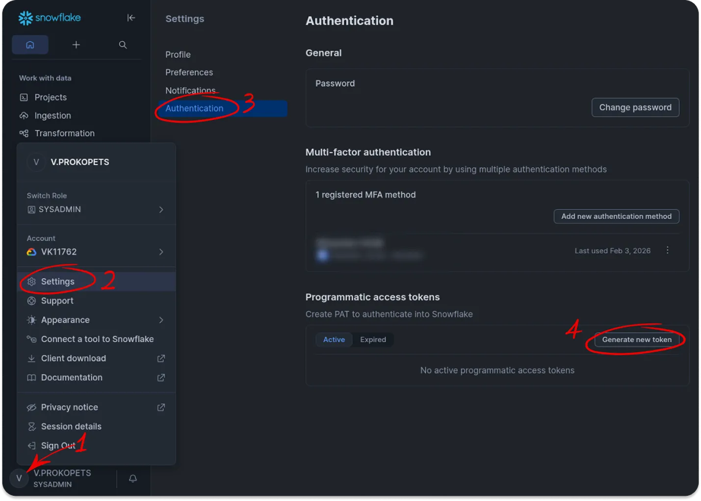 Snowflake web application showing the Programmatic access tokens section in user authentication settings. The Generate new token button is highlighted, and fields for token name and expiration period are visible. On-screen text includes Programmatic access tokens, Generate new token, Token name, and Expiration period. The interface is clean and businesslike, with a sidebar navigation menu on the left and a main content area focused on token generation.