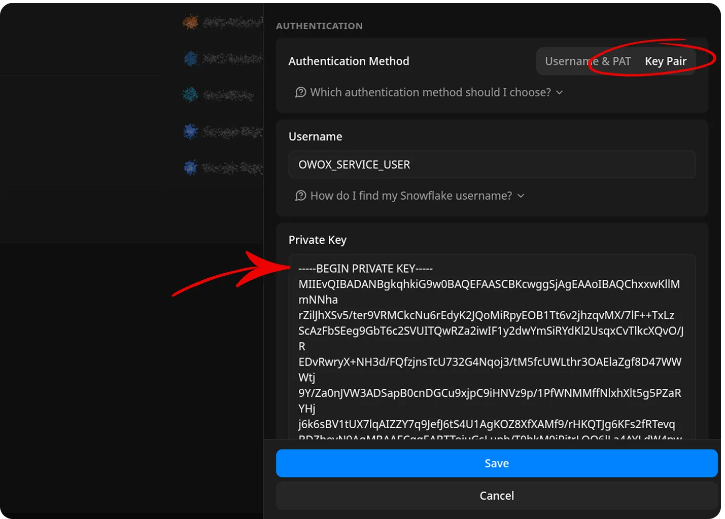 OWOX Data Marts web interface showing the Private Key input field in the Snowflake storage configuration screen. The field is highlighted, prompting the user to paste the contents of their private key file. The interface is clean and businesslike, with sidebar navigation and a main content area focused on authentication setup.