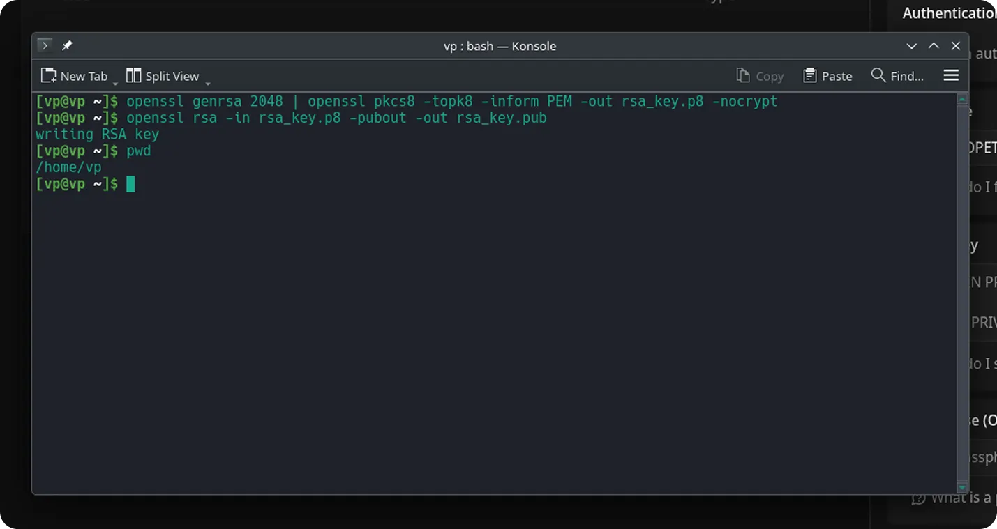 Konsole terminal window showing the same openssl commands followed by the pwd command to print the working directory, with output indicating the files were saved in /home/vp.