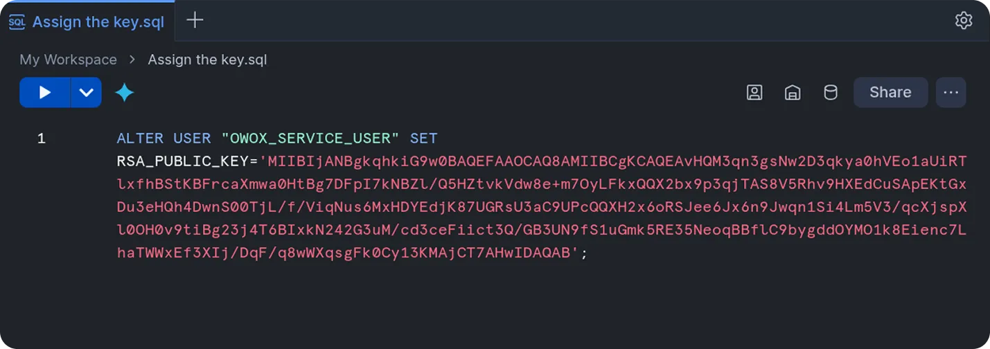 Snowflake web interface displaying the SQL worksheet with an ALTER USER command to set the RSA public key for a user. The SQL editor area shows the command with placeholders for username and public key, and the interface includes sidebar navigation and a results pane below the editor. The environment is clean and businesslike, focusing on the key assignment process.