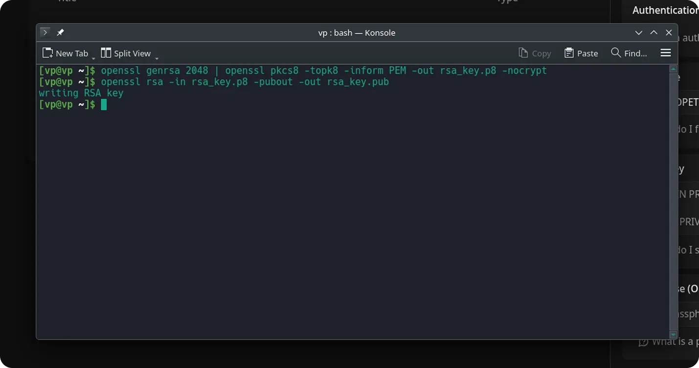 Konsole terminal on Linux showing two openssl commands run from the home directory: one generating an RSA private key with pkcs8 and nocrypt options, and a second exporting the public key to rsa_key.pub, both finishing at the shell prompt.