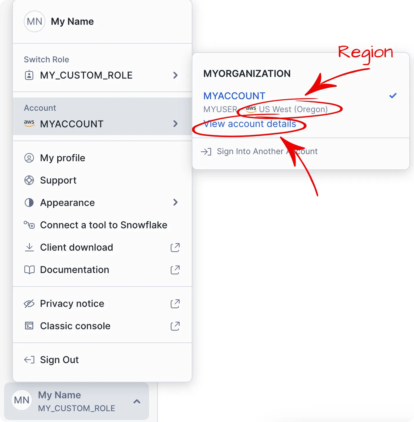 Account selector interface in Snowflake web application showing a list of available accounts. The highlighted account displays options including View account details. Sidebar navigation is visible on the left, and the main content area presents account information in a neutral, businesslike tone. On-screen text includes View account details.